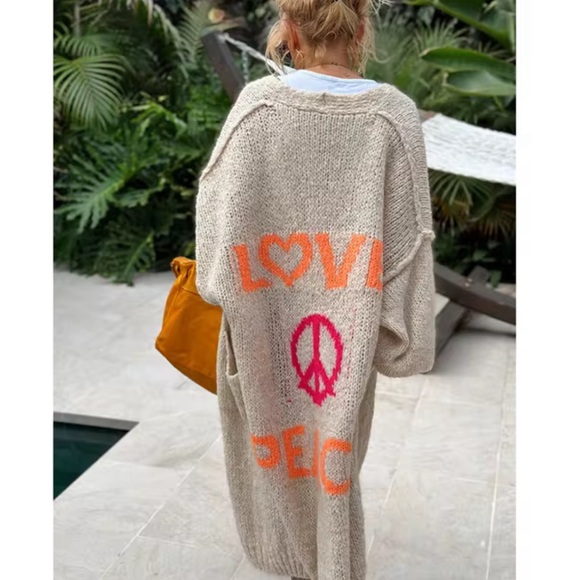 New Oversized Long Peace & Love Sweater Jacket Duster Chunky Knit Boho Vintage - Picture 2 of 10